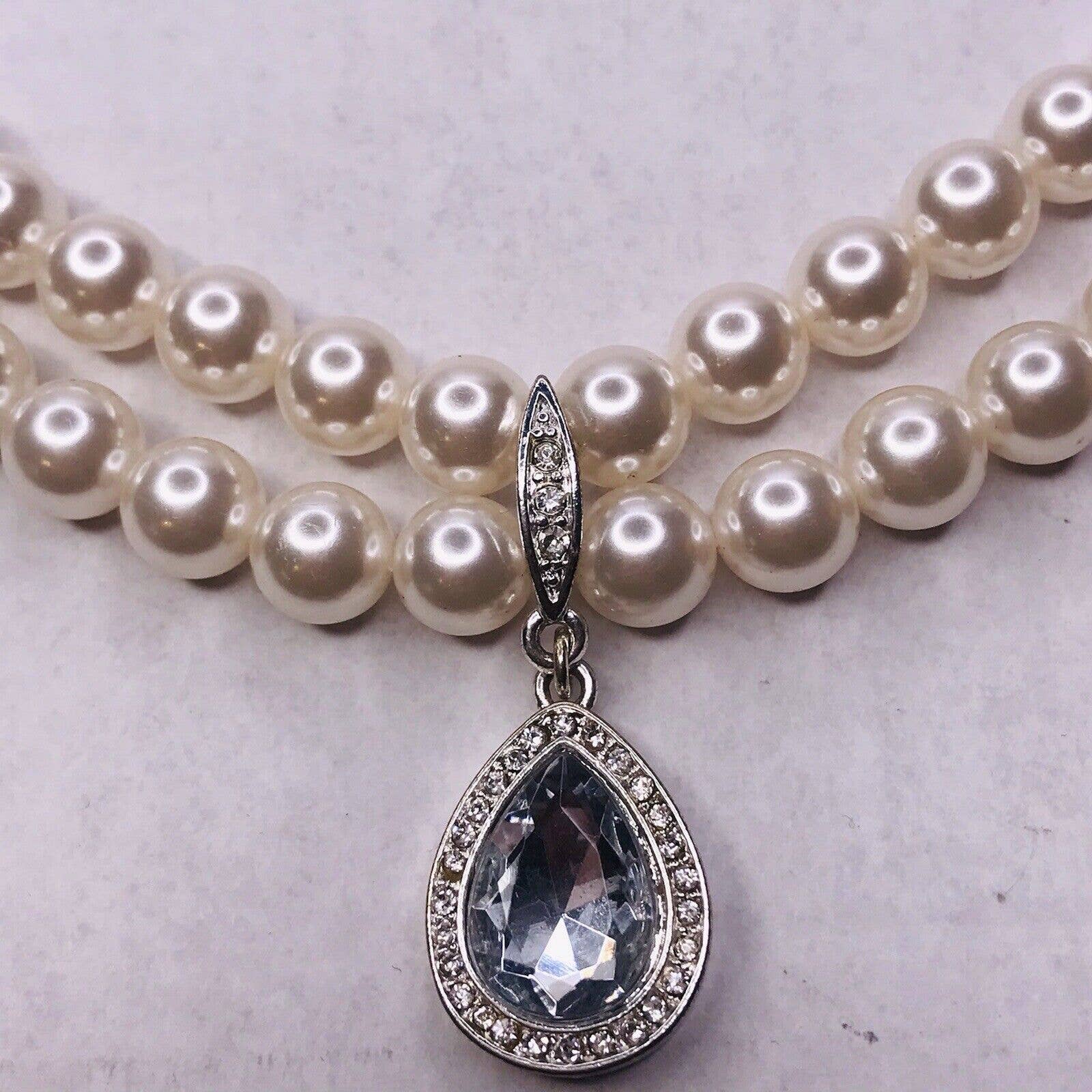Rmn Faux Pearl Necklace Double Strand Charm Pendant Crystal Silver Tone 19$